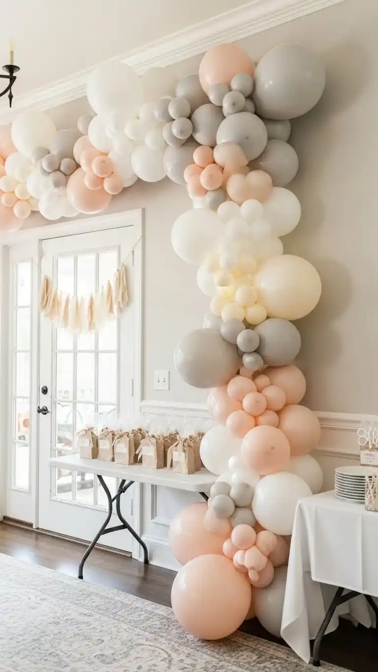 23 Simple Baby Shower Ideas for a Memorable Day 12 8. Soft Balloon Garland in Neutral Shades