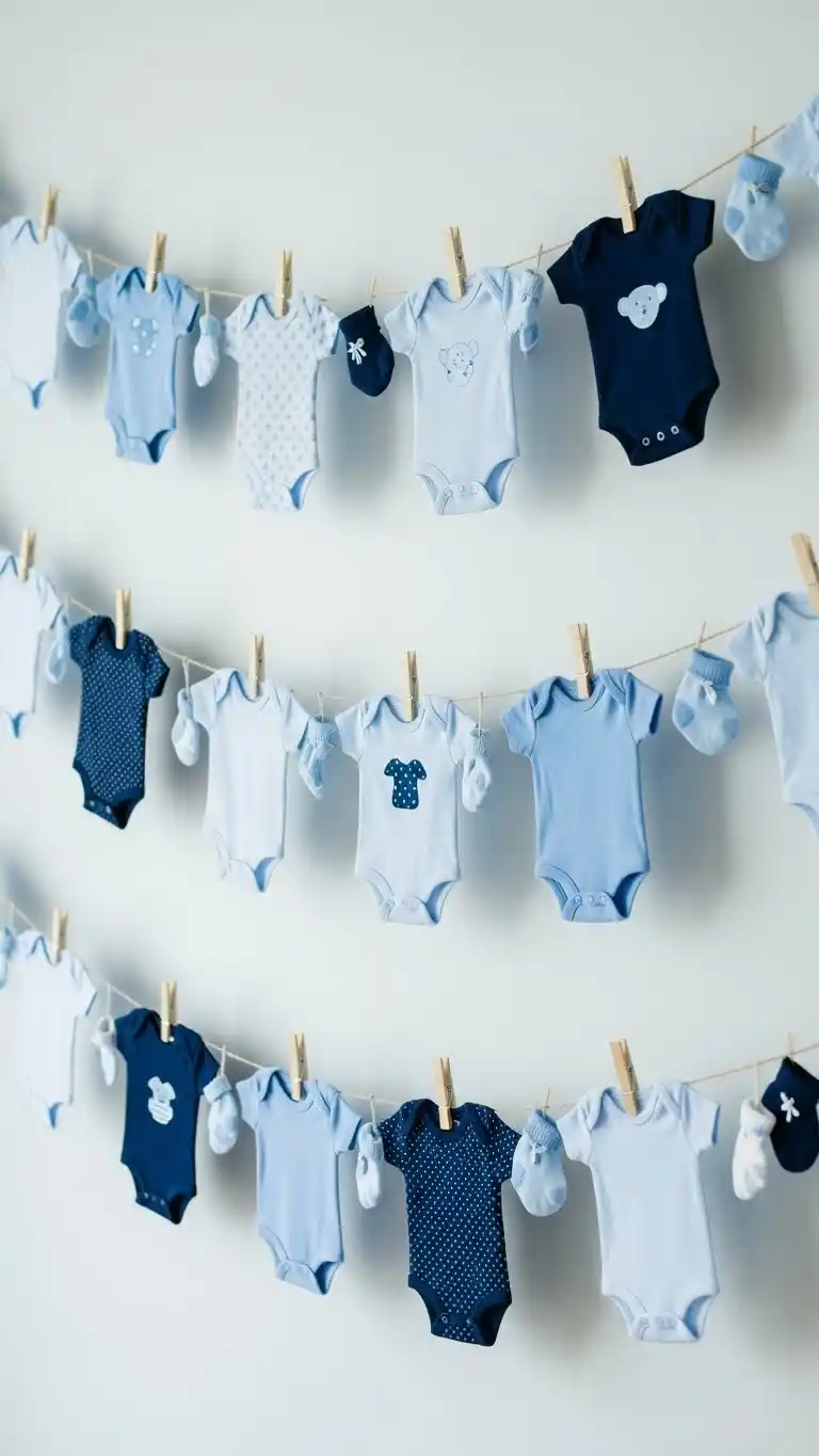 Blue Baby Shower Ideas: 23 Sweet & Stylish Looks 13 9. Blue Onesie Garland Decor