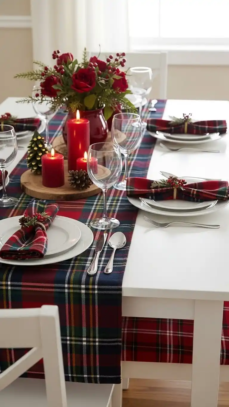 17 Christmas Table Settings for a Warm & Festive Look 13 9. Plaid and Tartan Christmas Table Settings for a Traditional Charm
