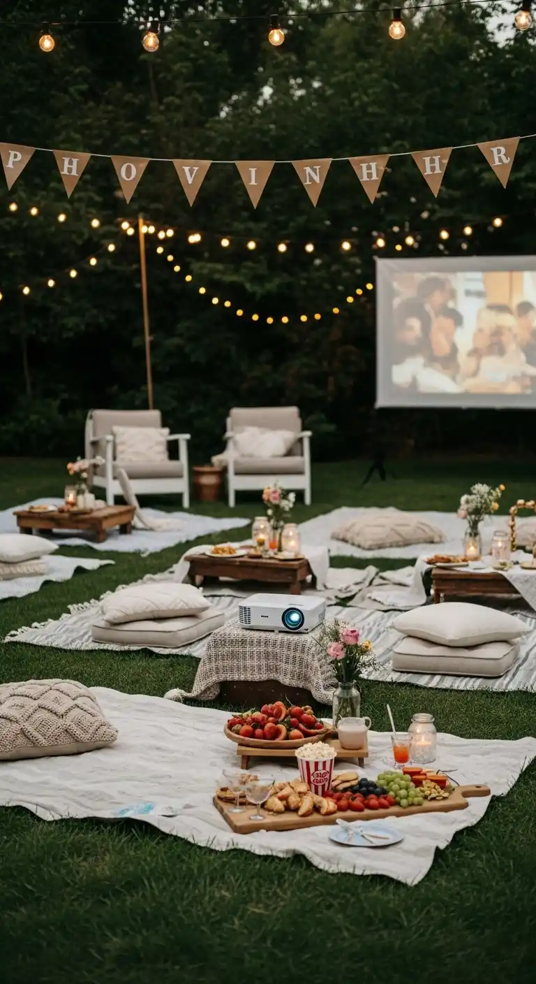 15 Fun Backyard Bridal Shower Ideas to Try 16 12. Movie Night Under the Stars