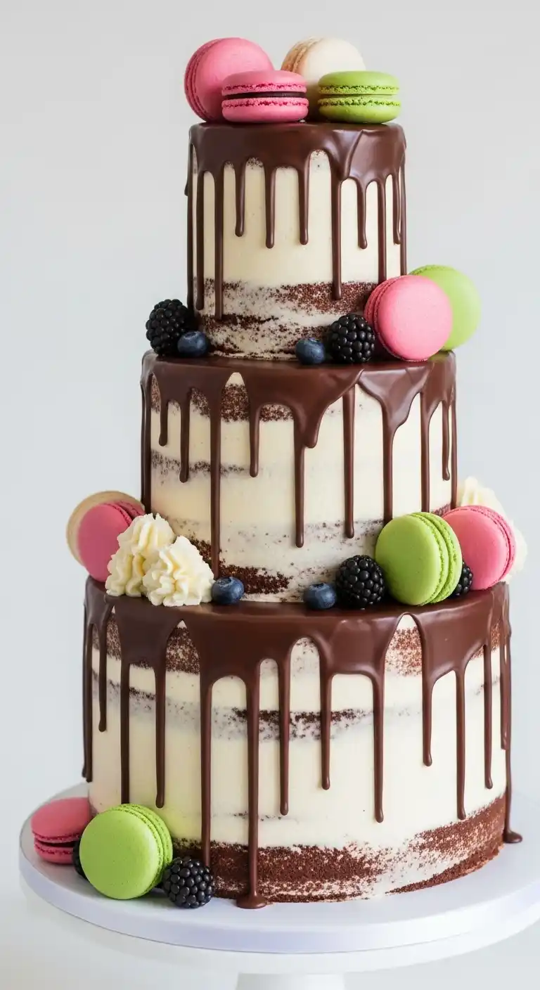 Bridal Shower Cake Ideas: 15 Sweet Inspirations 12 8. Chocolate Drip Cake with Macarons