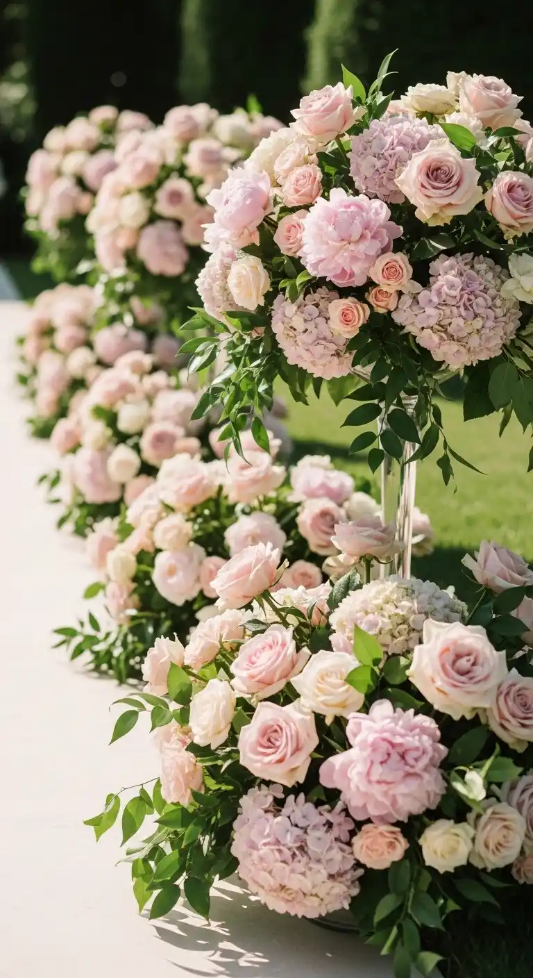 20 Pink Wedding Ceremony Ideas That Feel Elegant and Timeless 4 1. Blush Pink Floral Aisle Arrangements