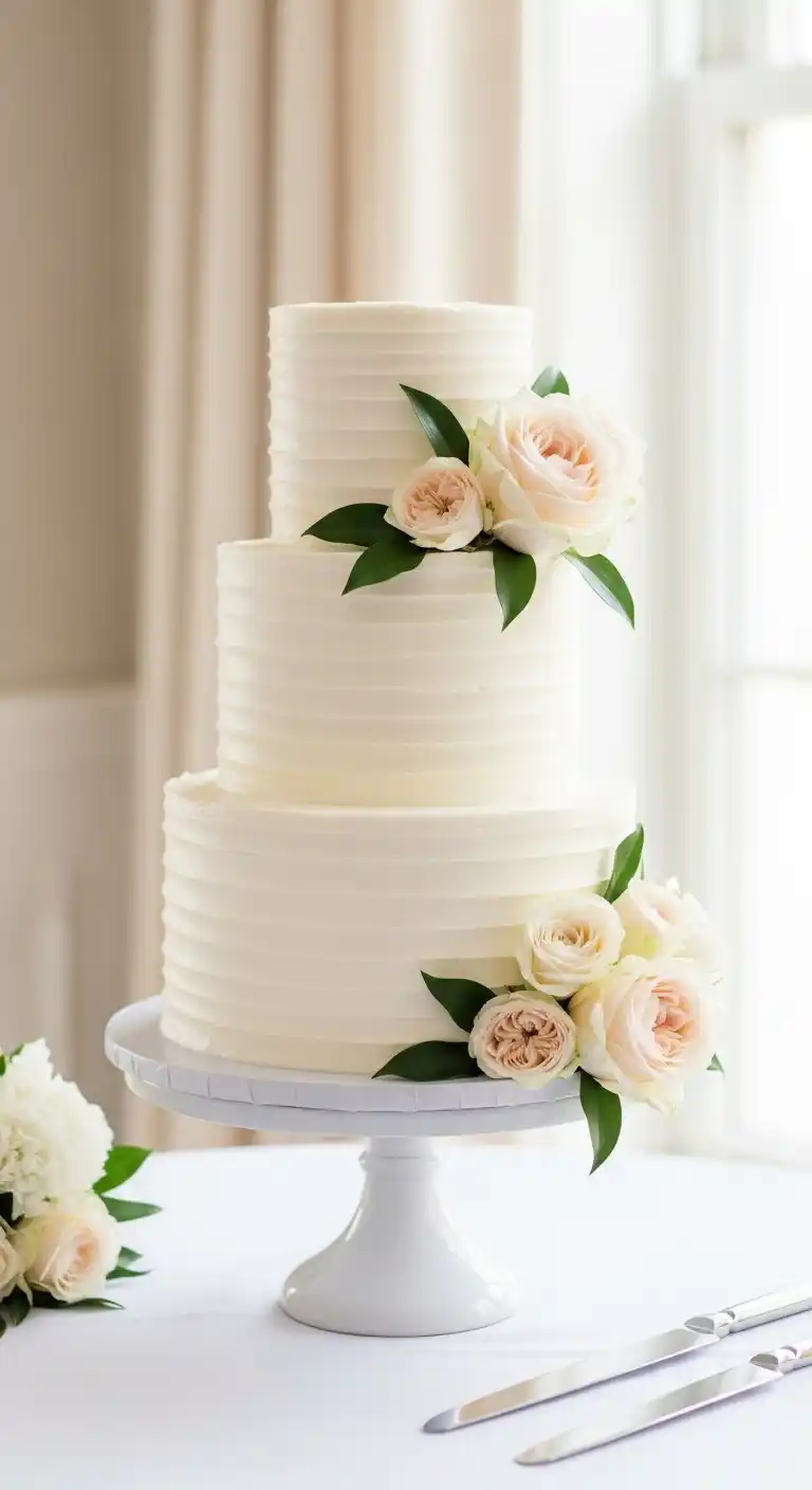 17 Neutral Wedding Cake Designs for a Timeless Look 4 1. Classic White Buttercream Neutral Wedding Cake Design