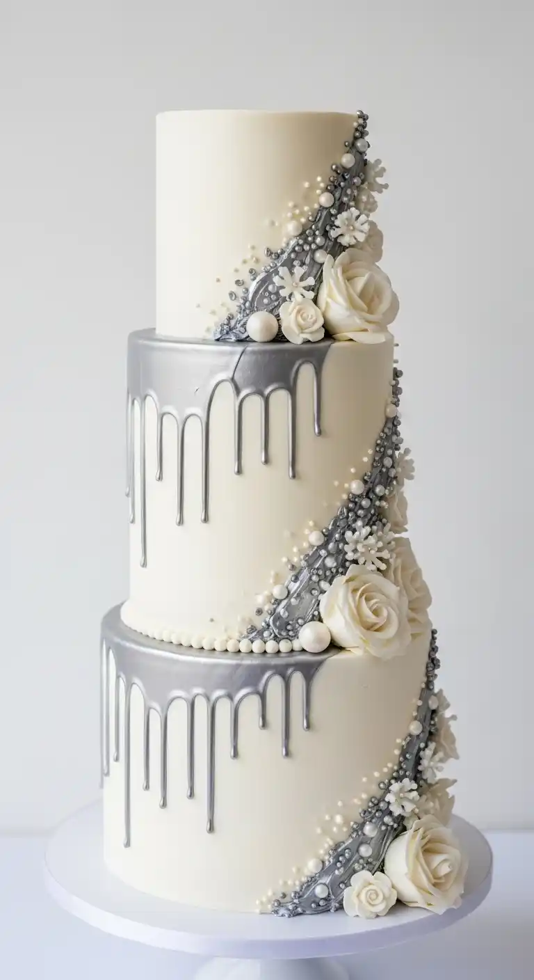 19 Elegant Silver Wedding Cake Ideas to Wow Your Guests 4 1. Elegant Silver Drip Cake