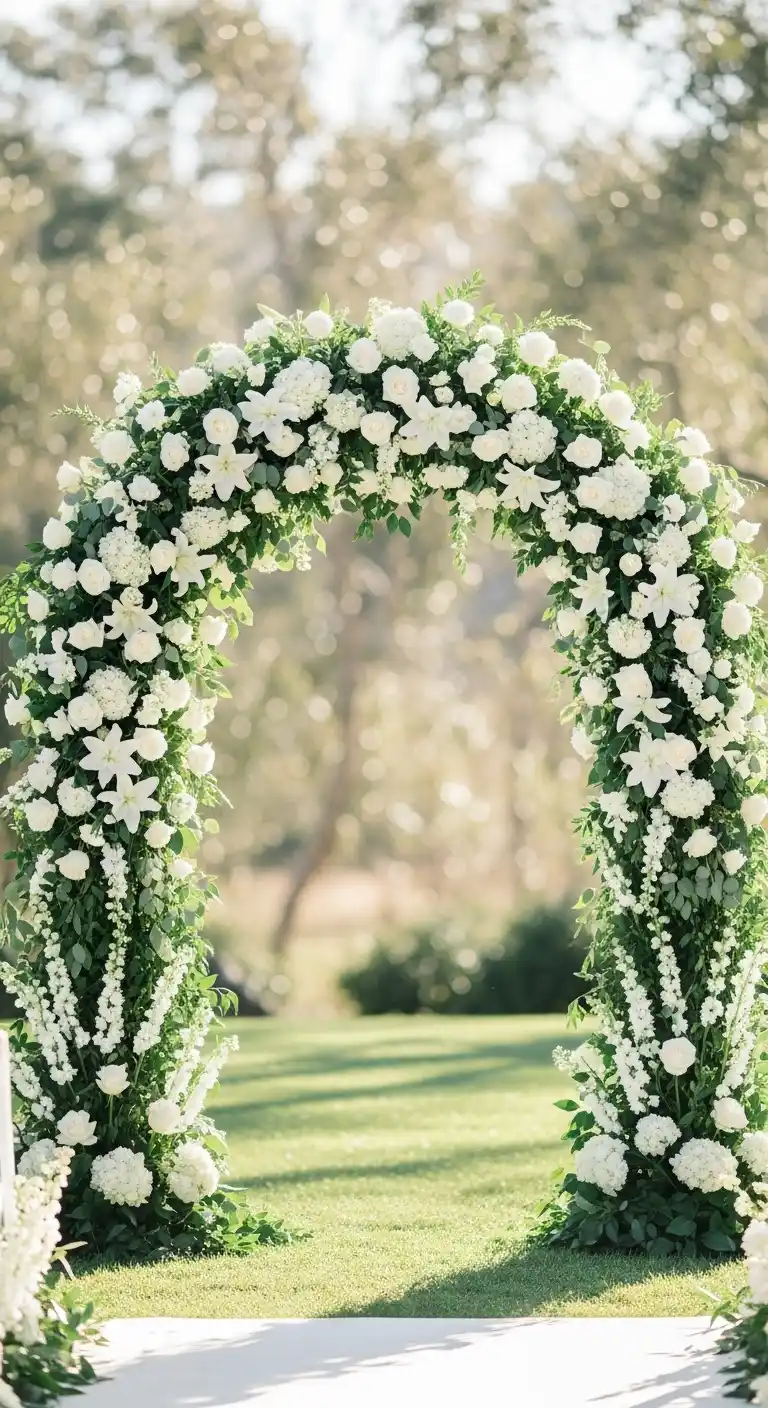 17 Classic White Wedding Ideas You’ll Always Love 5 1. Elegant White Floral Ceremony Arches