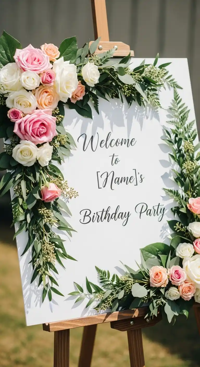 20 Stylish Birthday Party Welcome Boards 5 1. Floral-Themed Birthday Party Welcome Board