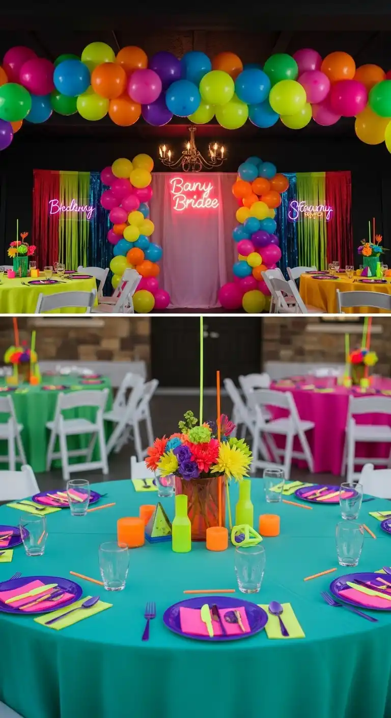 Bright & Bold: Bridal Shower 80s Theme Ideas 5 1. Neon Party Décor for a Vibrant Atmosphere