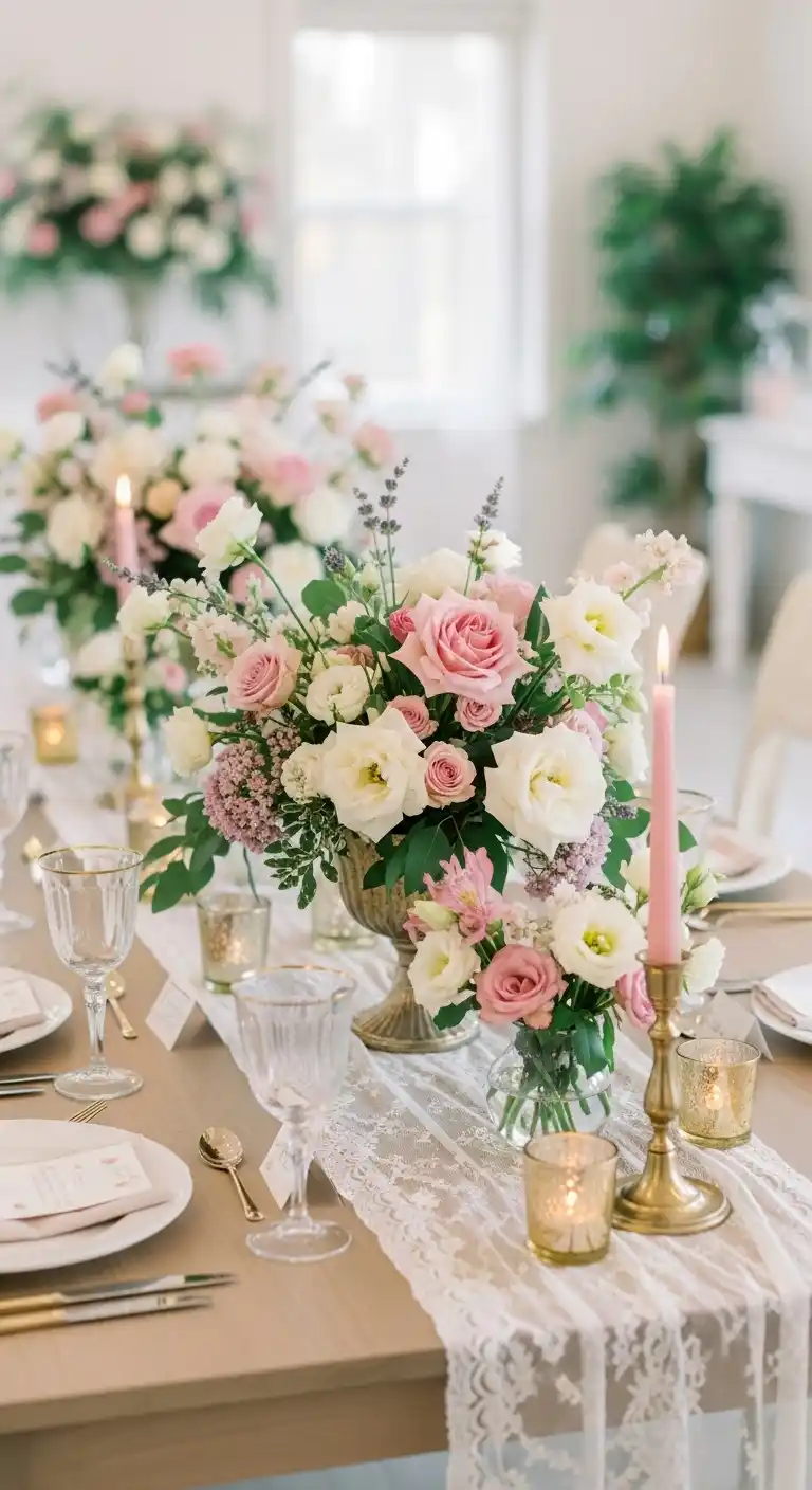 19 Beautiful Bridal Shower Table Looks 5 1. Romantic Floral Bridal Shower Table Arrangement