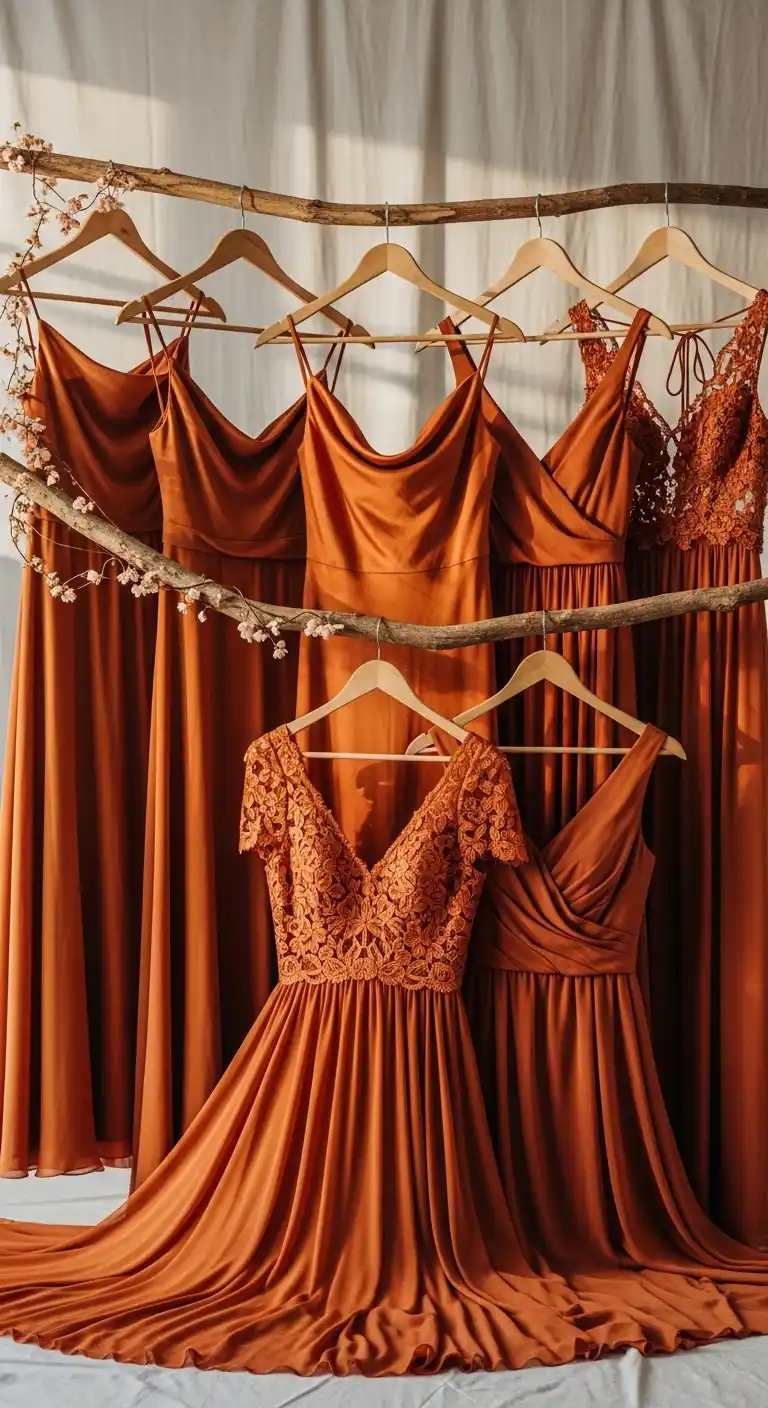 17 Stunning Burnt Orange Wedding Reception Ideas 14 10. Coordinated Burnt Orange Bridesmaids’ Dresses