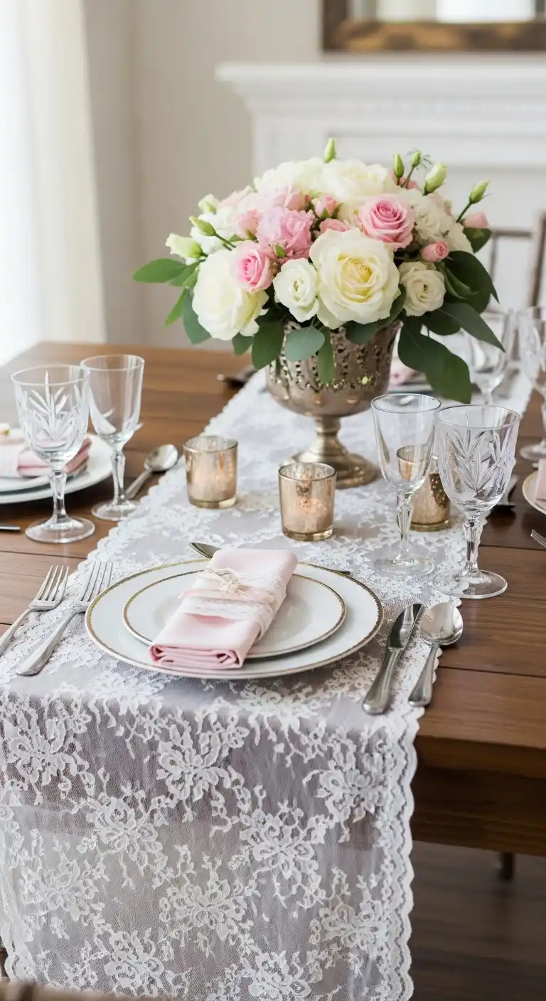 19 Beautiful Bridal Shower Table Looks 14 10. Elegant Lace-Accented Bridal Shower Table
