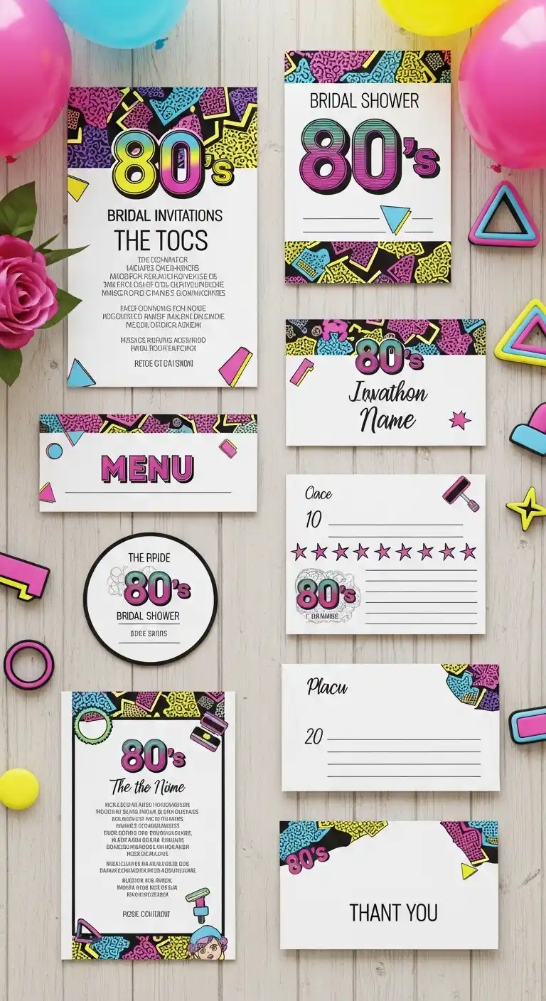 Bright & Bold: Bridal Shower 80s Theme Ideas 14 10. Retro Invitations and Stationery