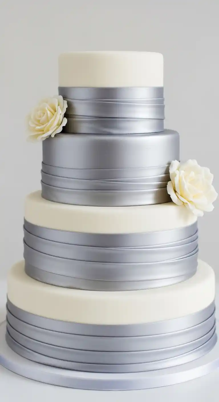 19 Elegant Silver Wedding Cake Ideas to Wow Your Guests 13 10. Silver Ribbon Wrapped Cake