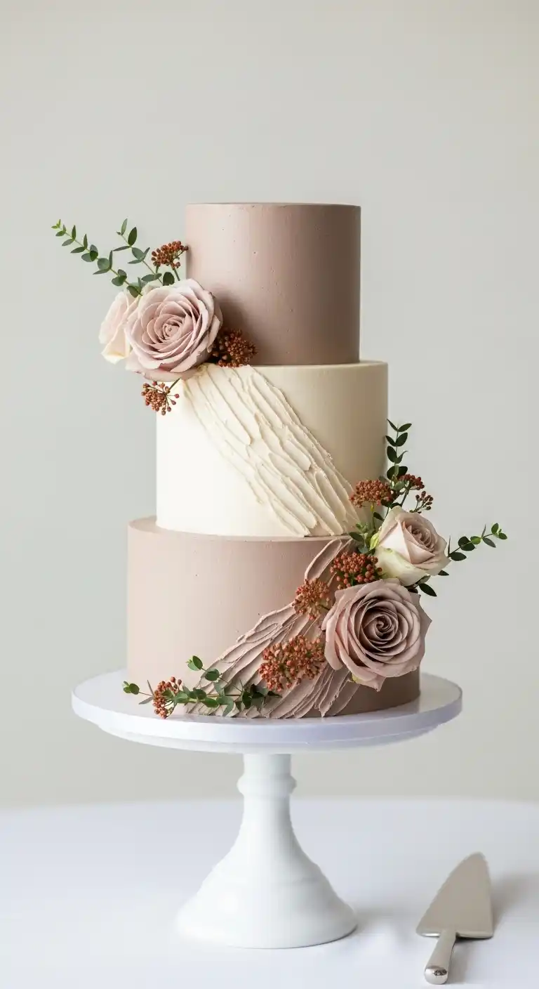 17 Neutral Wedding Cake Designs for a Timeless Look 13 10. Soft Taupe Neutral Wedding Cake Design with Warm Undertones