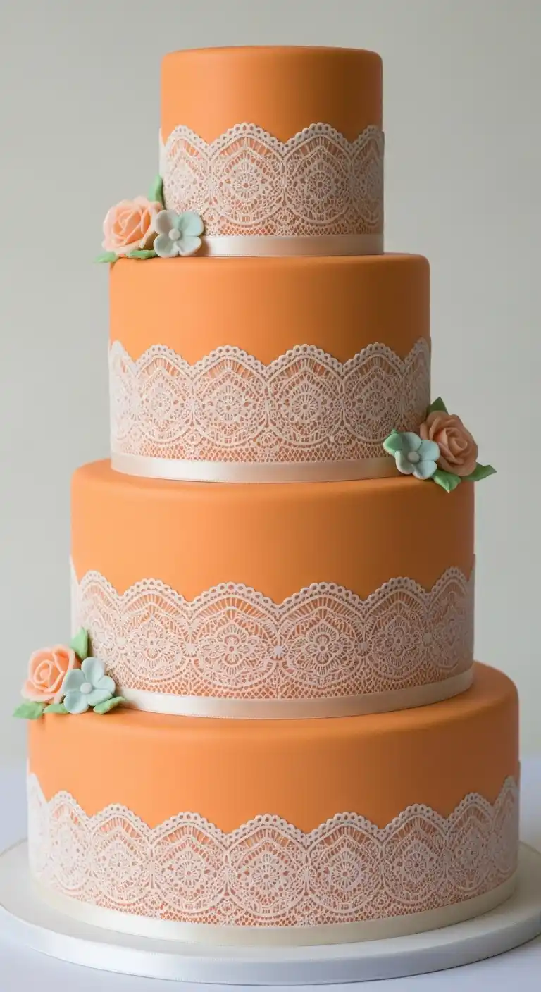 Orange Wedding Cakes That Steal the Spotlight 14 10. Vintage Orange Lace Cake