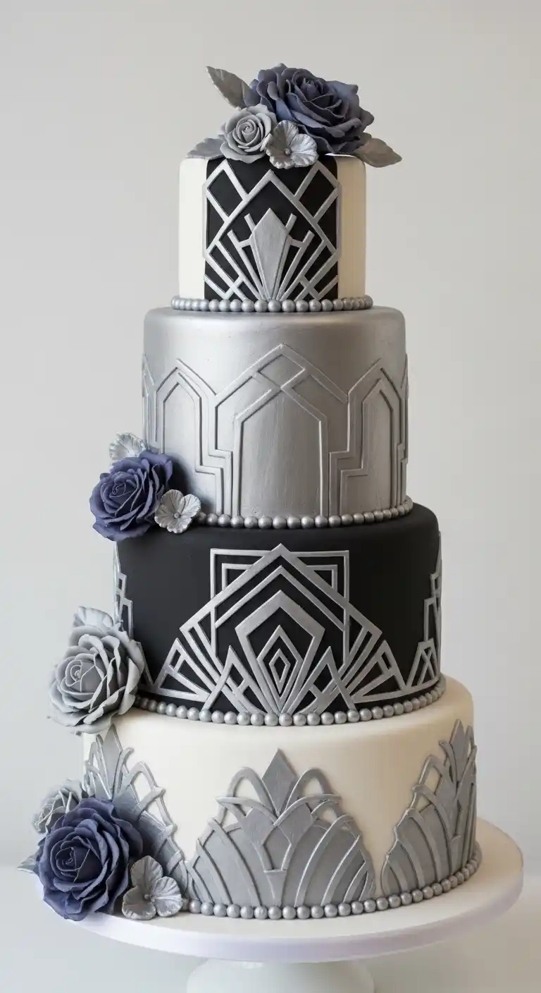 19 Elegant Silver Wedding Cake Ideas to Wow Your Guests 14 11. Art Deco Silver Cake