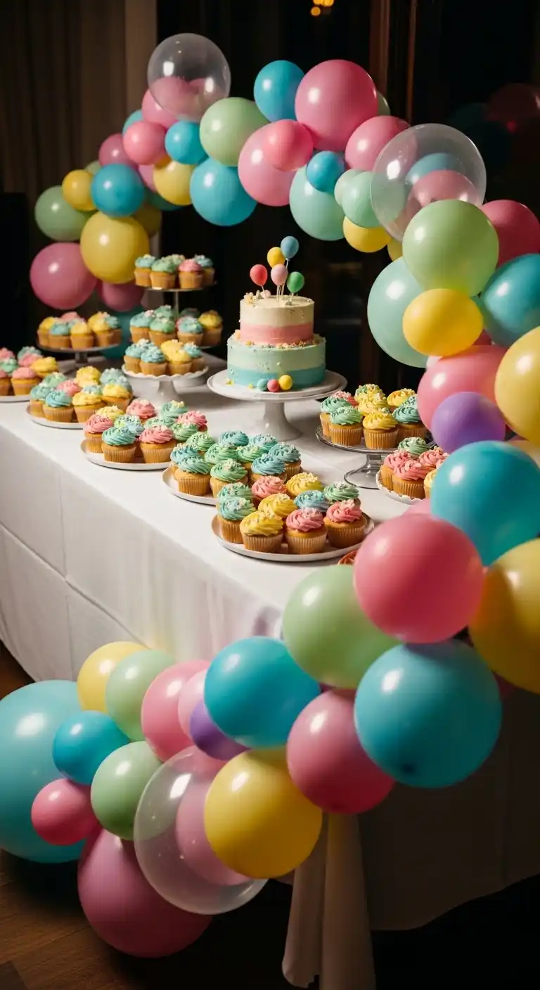 21 Stunning Birthday Party Balloon Decorations on a Budget 15 11. Balloon Garland Around Dessert Table