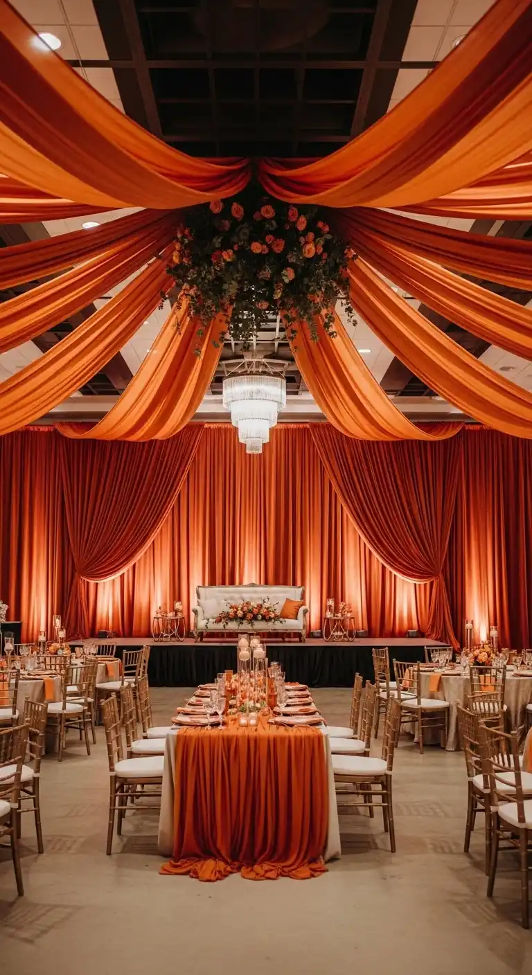 17 Stunning Burnt Orange Wedding Reception Ideas 15 11. Burnt Orange Drapery and Fabric Accents