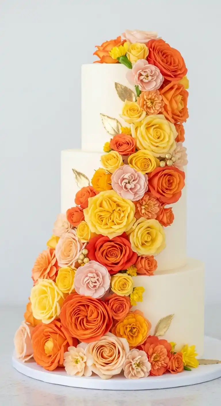 Orange Wedding Cakes That Steal the Spotlight 15 11. Orange Floral Cascade Cake