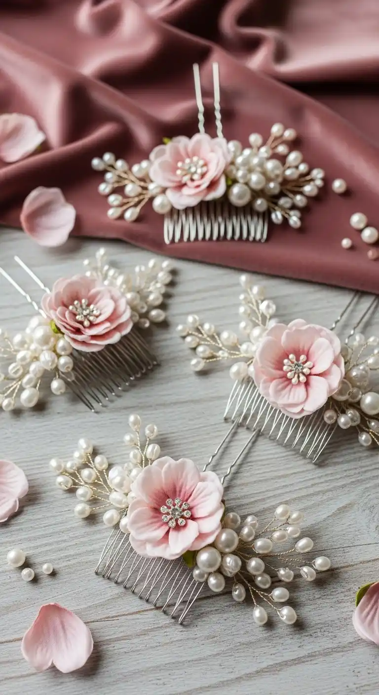 20 Pink Wedding Ceremony Ideas That Feel Elegant and Timeless 14 11. Pink Floral Hair Accessories