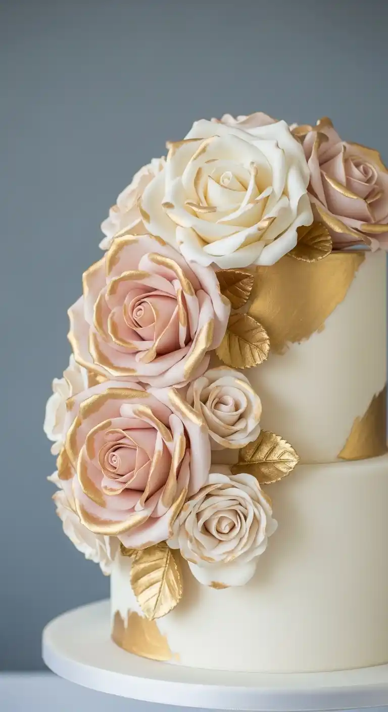 Shimmer & Shine: 19 Gold Wedding Cake Ideas for a Magical Day 14 11. Romantic Gold Rose Cake