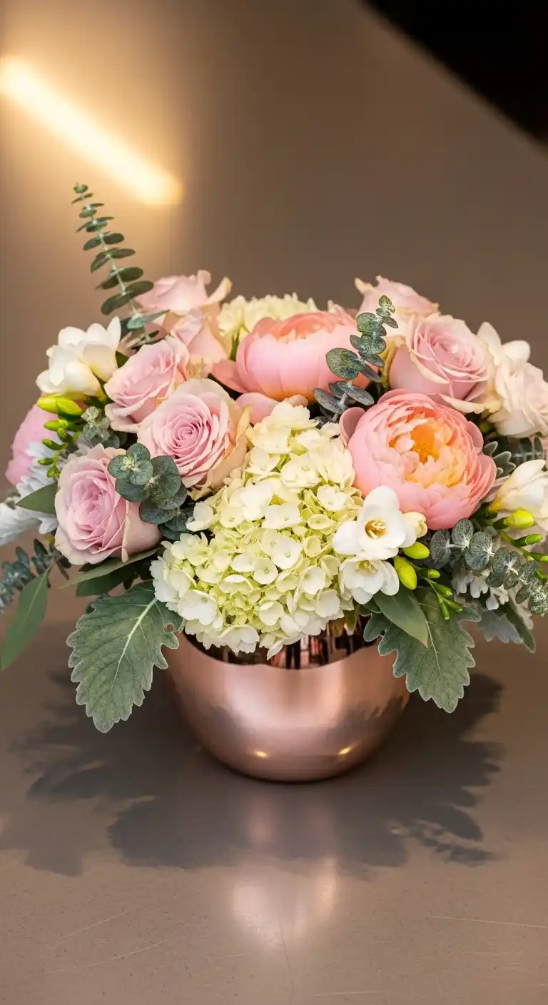 17 Rose Gold Wedding Ideas You’ll Adore 14 11. Rose Gold Floral Arrangements That Blend Elegance and Romance