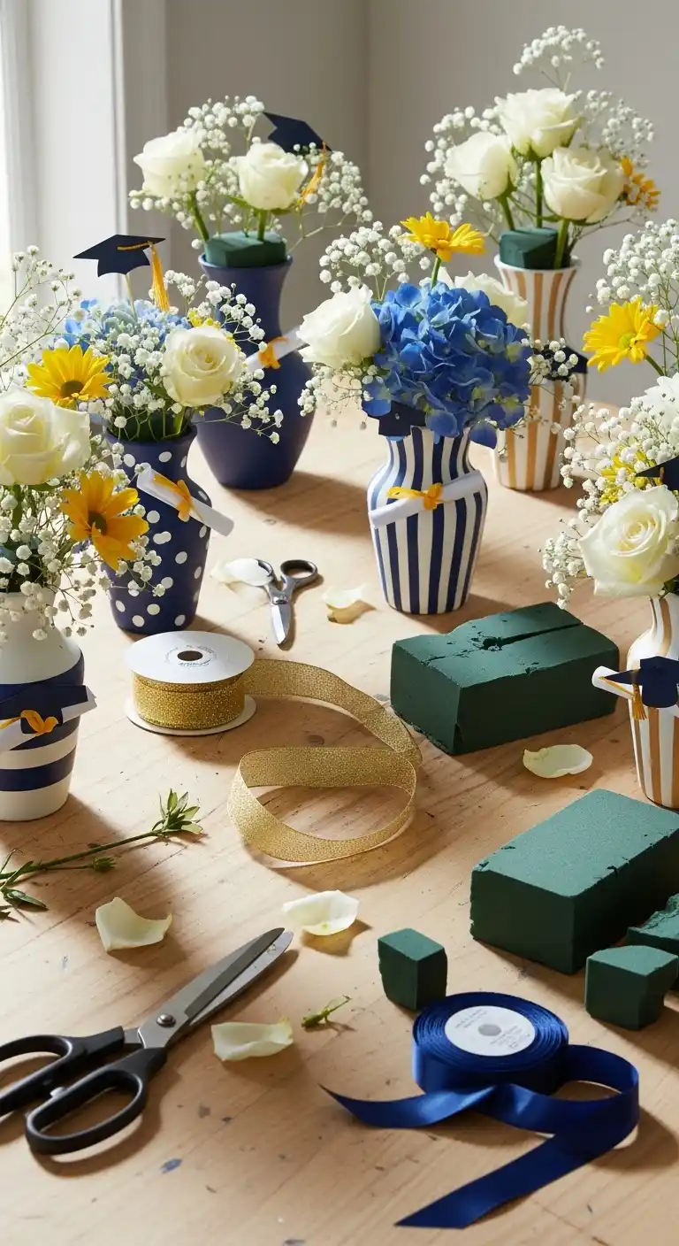 21 Graduation Party Set Up Ideas That Are Fun and Stylish 16 12. DIY Flower Arrangements Matching Party Theme