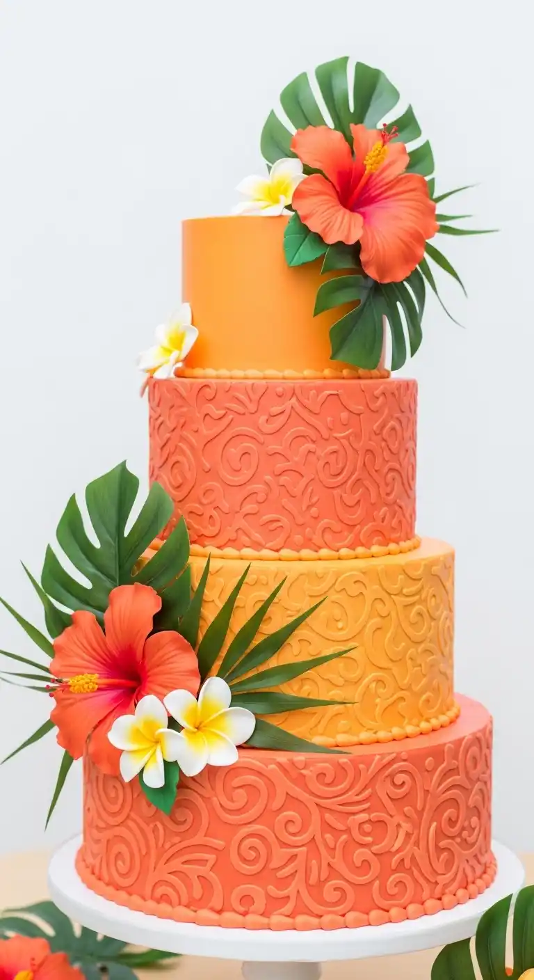 Orange Wedding Cakes That Steal the Spotlight 16 12. Orange and Coral Tropical Cake