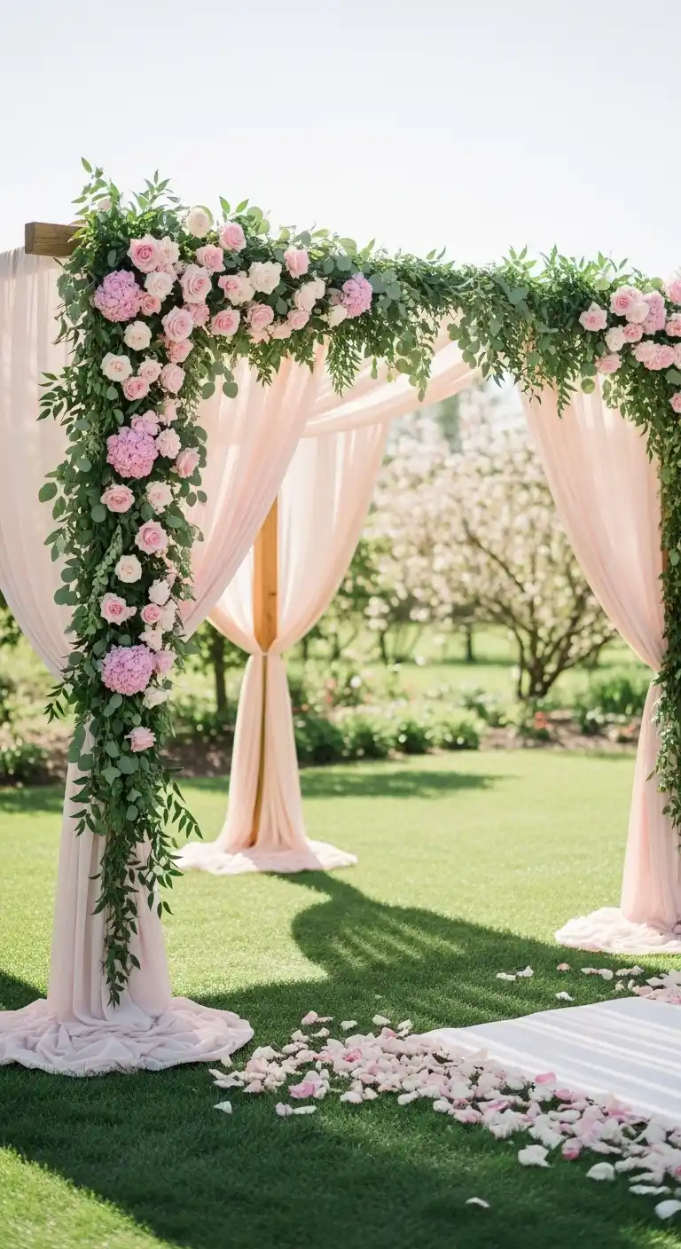 20 Pink Wedding Ceremony Ideas That Feel Elegant and Timeless 15 12. Pink Draped Ceremony Canopy