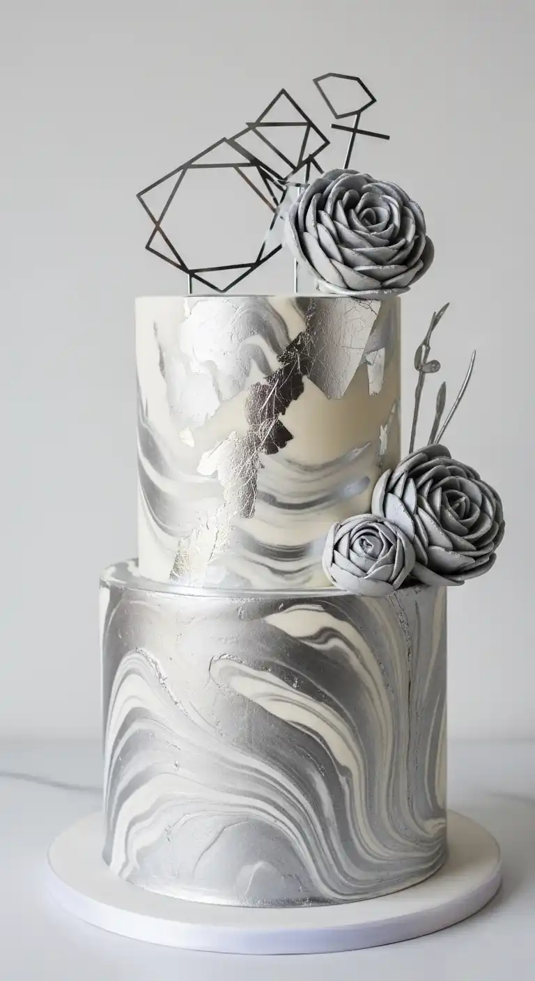 19 Elegant Silver Wedding Cake Ideas to Wow Your Guests 15 12. Silver Marbled Cake