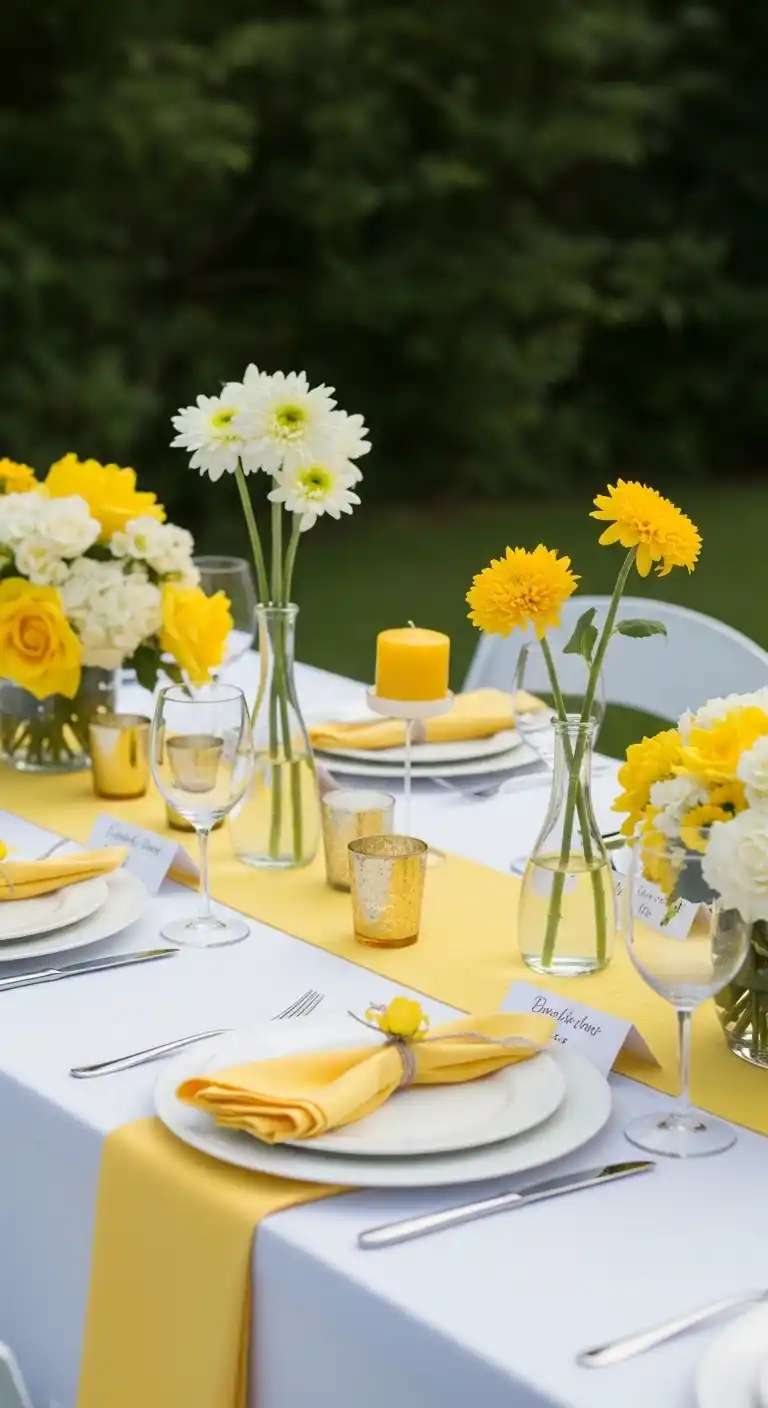 17 Yellow Bridal Shower Ideas for a Radiant Party 16 12. Yellow Bridal Shower Tablescape Layering Techniques