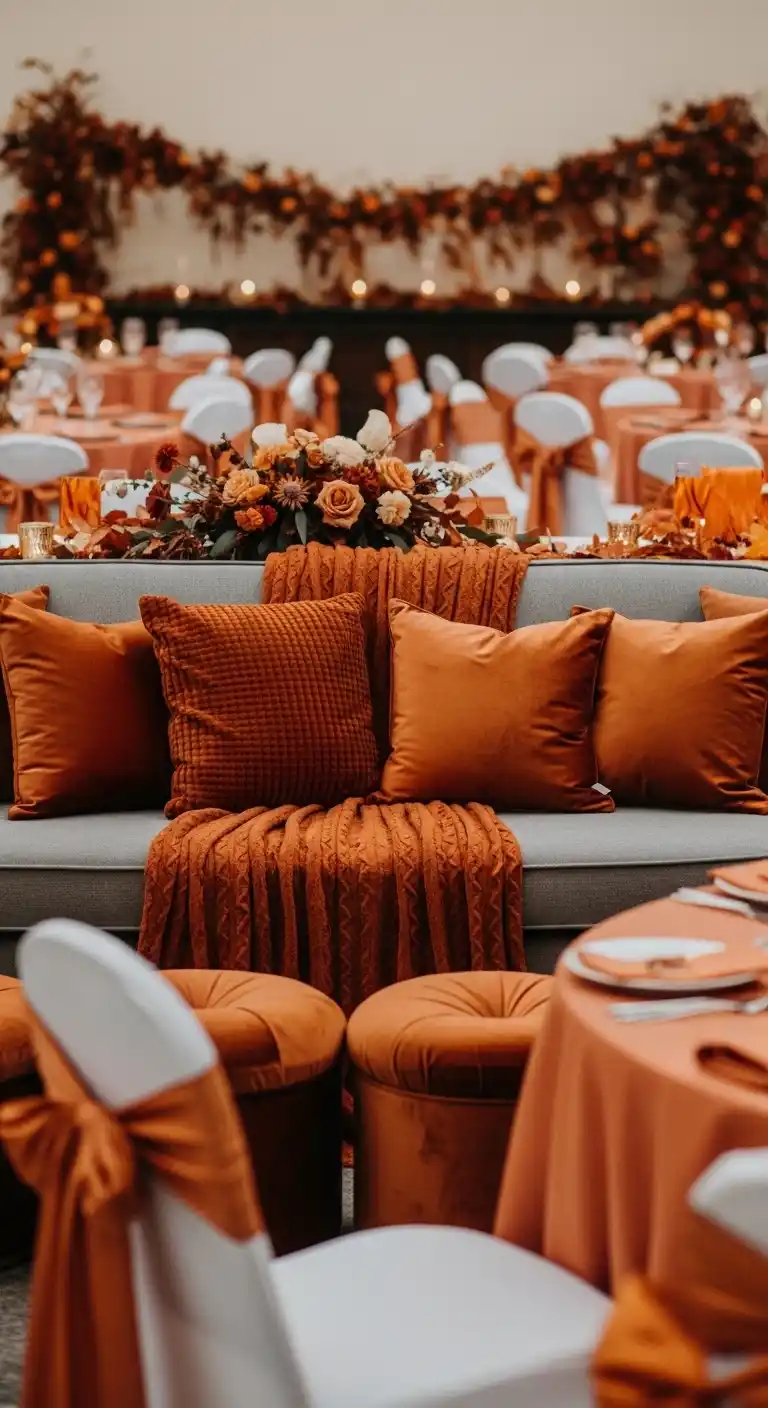 17 Stunning Burnt Orange Wedding Reception Ideas 17 13. Burnt Orange Chair Covers and Cushion Accents