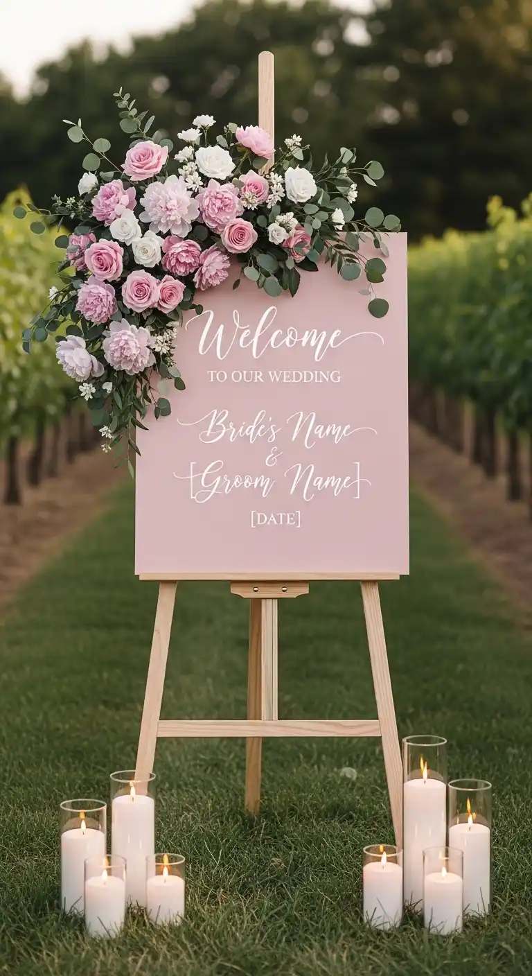 20 Pink Wedding Ceremony Ideas That Feel Elegant and Timeless 16 13. Pink Wedding Ceremony Signage