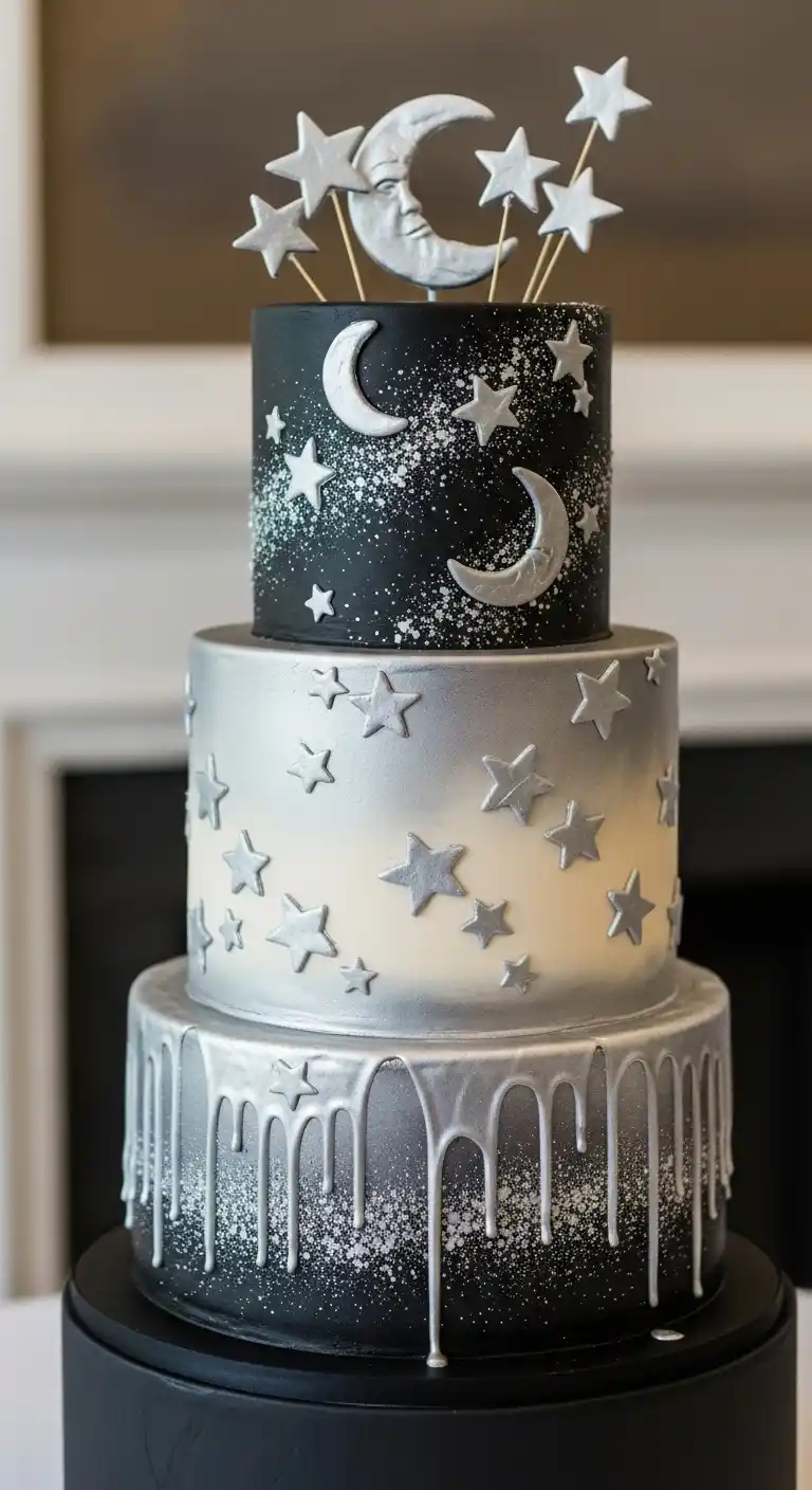19 Elegant Silver Wedding Cake Ideas to Wow Your Guests 16 13. Silver Starry Night Cake