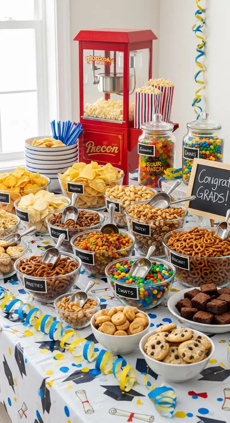 20 Stunning Graduation Party Food Table Looks 17 13. Snack-Style Graduation Party Food Table