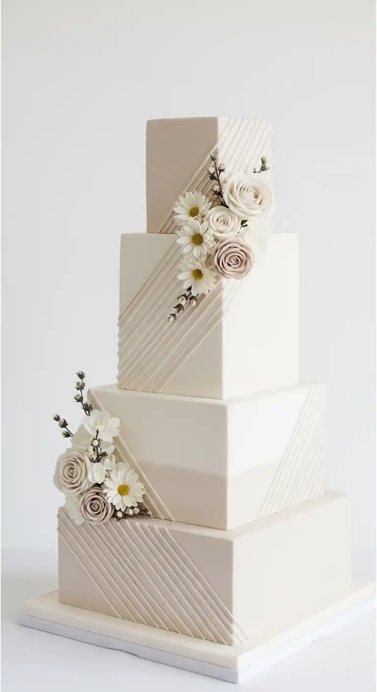 17 Neutral Wedding Cake Designs for a Timeless Look 16 13. Square Tier Neutral Wedding Cake Designs with Architectural Style