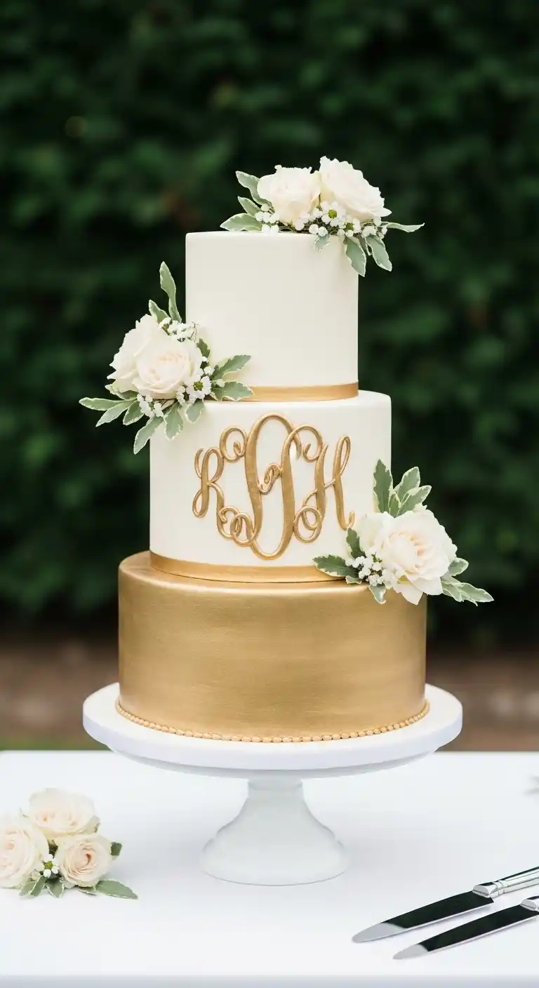 Shimmer & Shine: 19 Gold Wedding Cake Ideas for a Magical Day 17 14. Gold Monogram Cake