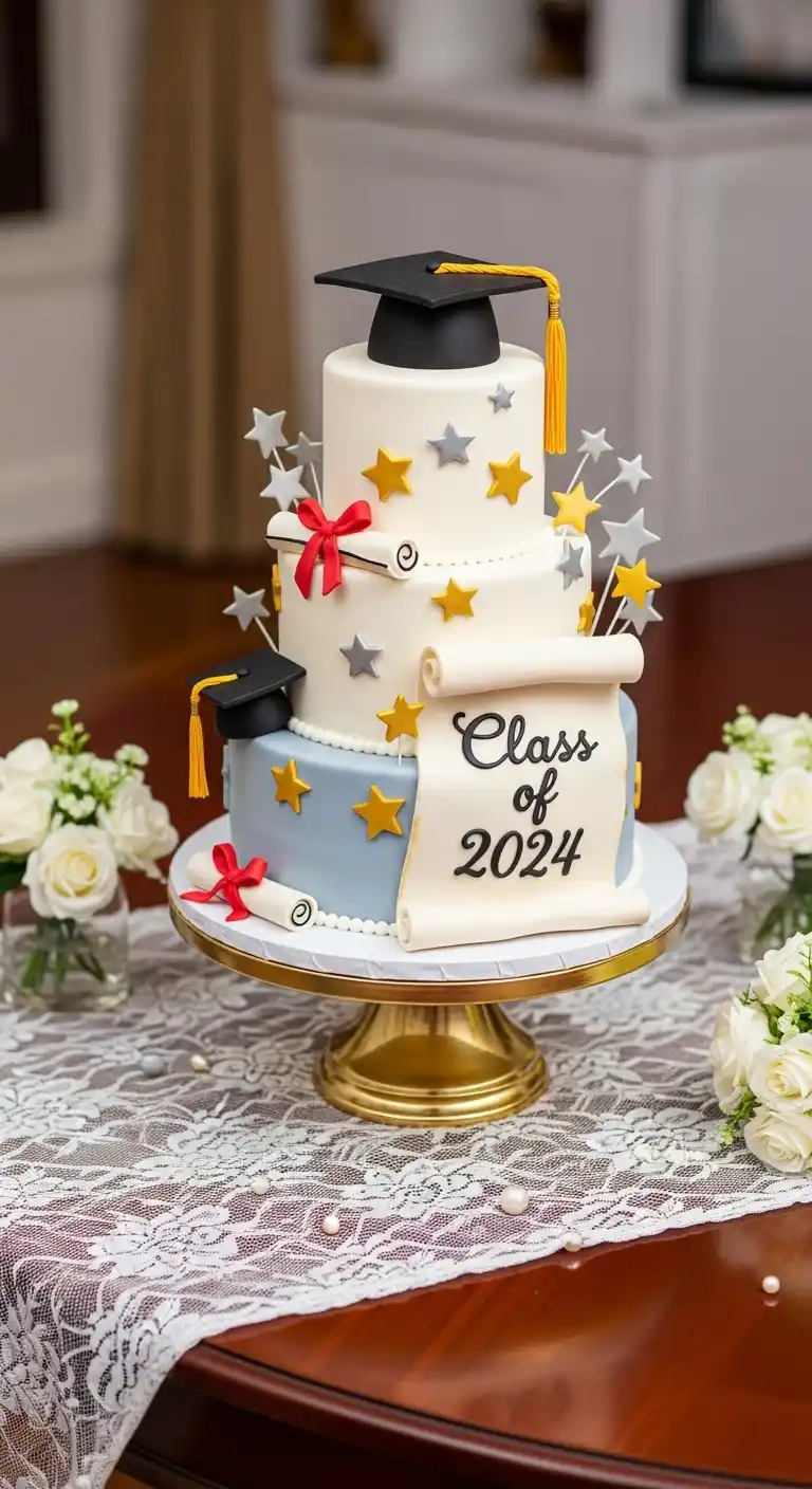 15 Graduation Party Dessert Table Ideas You’ll Love 18 14. Graduation-Themed Cake Centerpiece