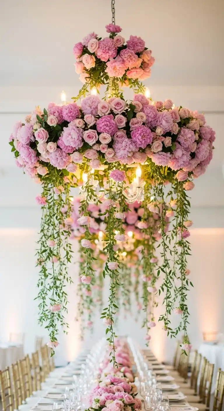 Every Bride Needs These 20 Pink Wedding Reception Ideas 17 14. Pink Floral Chandeliers