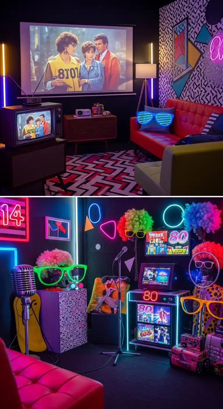 Bright & Bold: Bridal Shower 80s Theme Ideas 18 14. Retro Movie Screening or Karaoke Corner