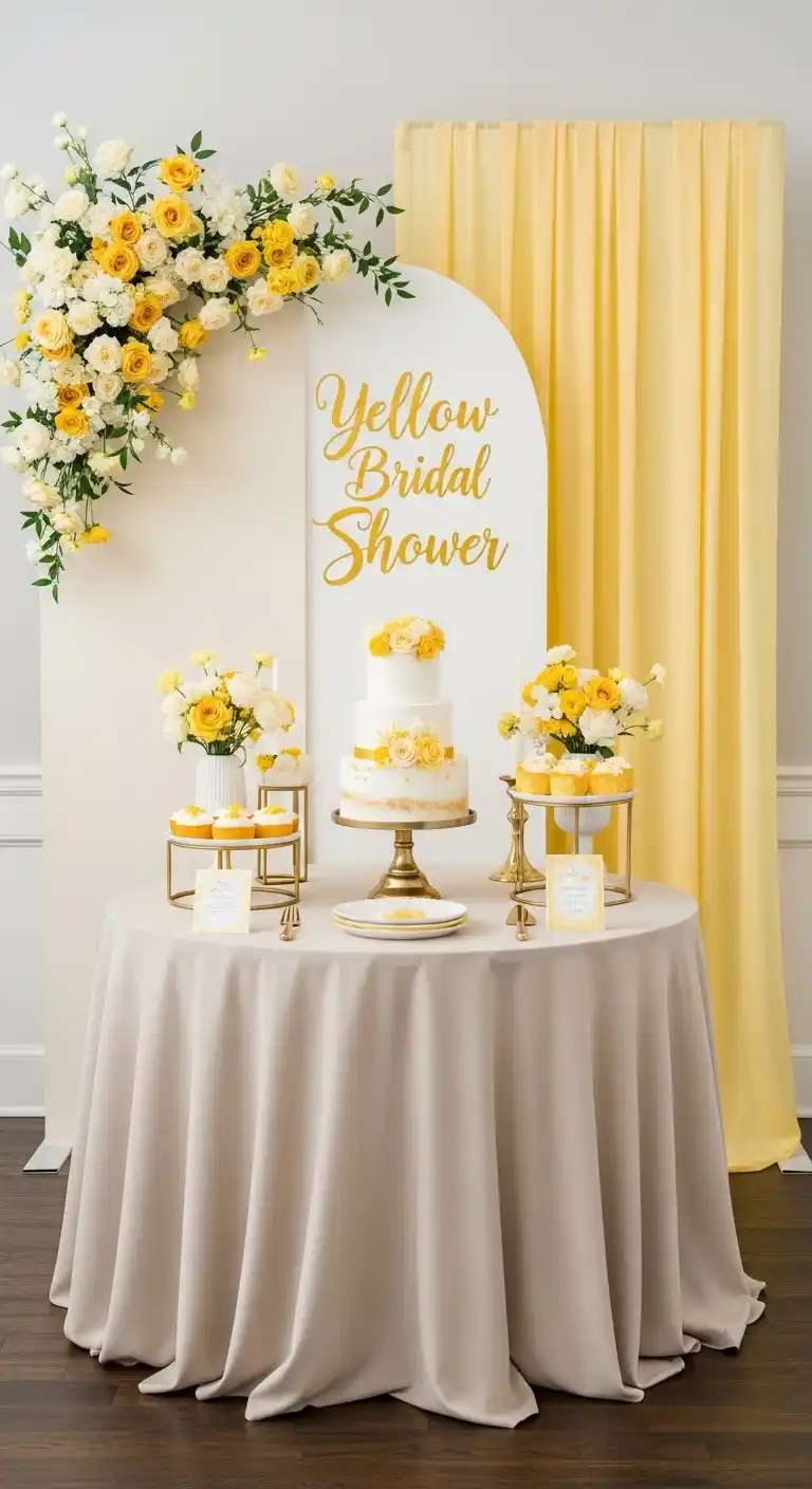 17 Yellow Bridal Shower Ideas for a Radiant Party 18 14. Yellow Bridal Shower Cake Table Styling