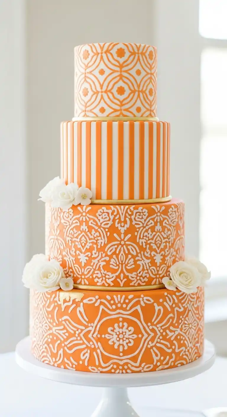 Orange Wedding Cakes That Steal the Spotlight 19 15. Orange and White Patterned Cake