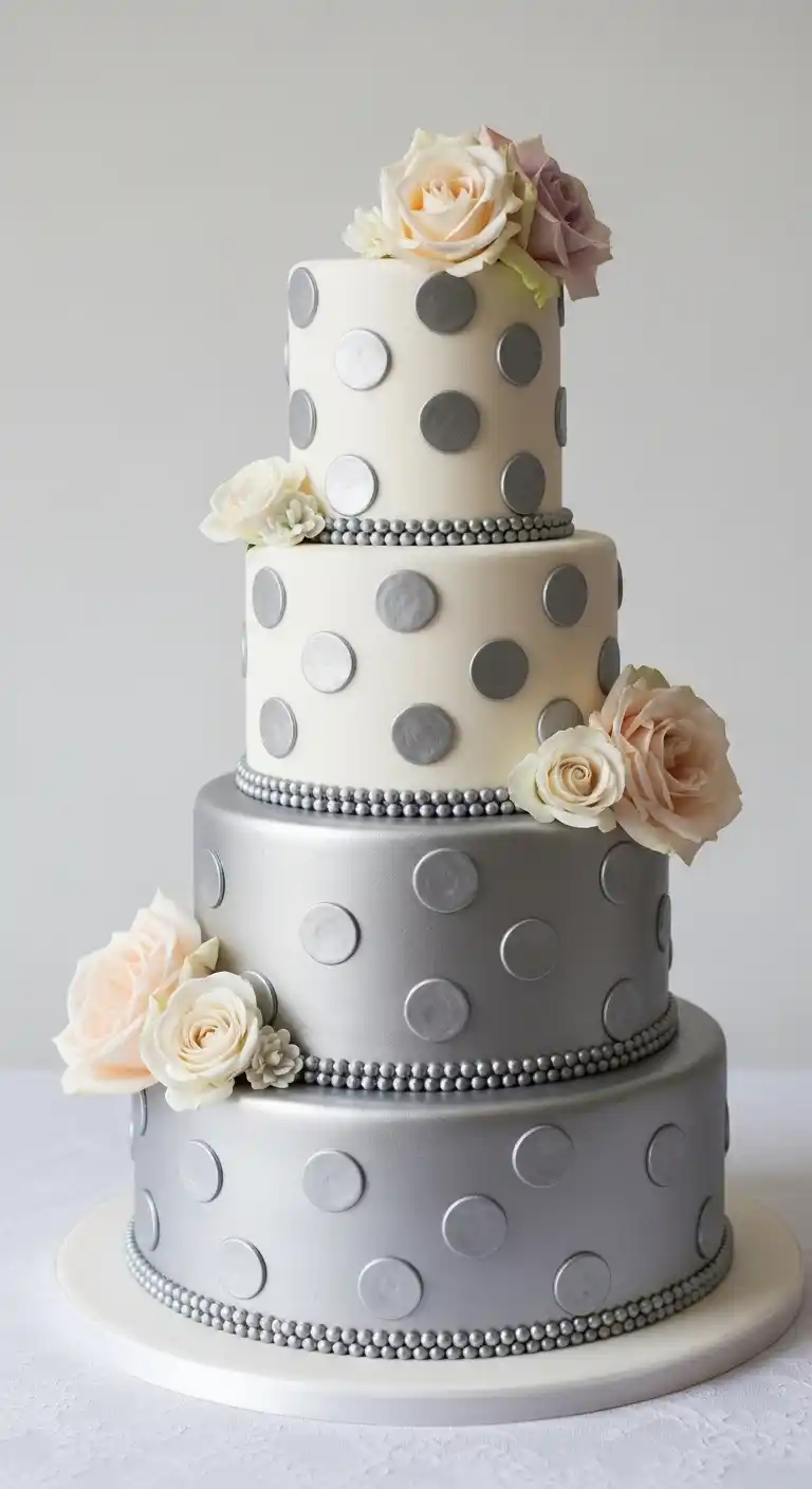 19 Elegant Silver Wedding Cake Ideas to Wow Your Guests 18 15. Silver Polka Dot Cake