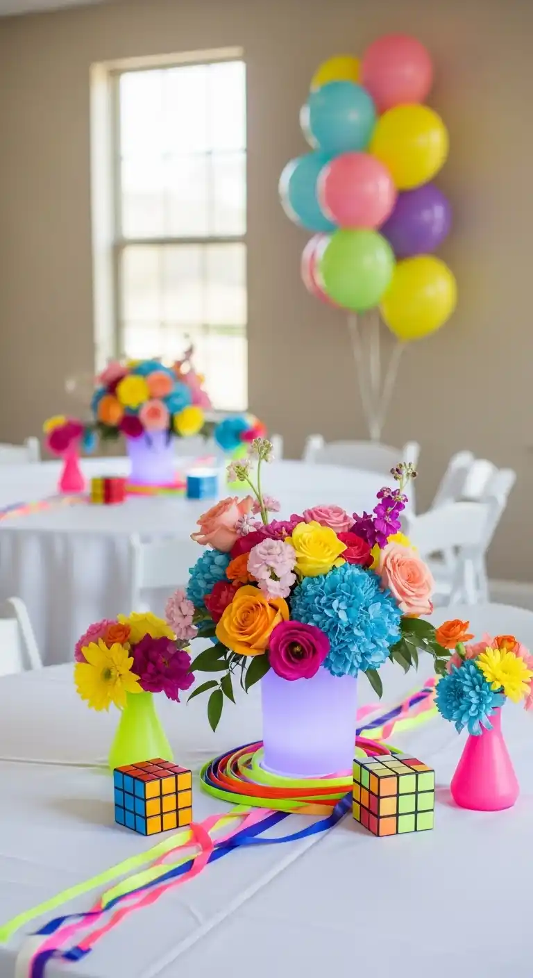 Bright & Bold: Bridal Shower 80s Theme Ideas 20 16. Bright and Bold Floral Arrangements