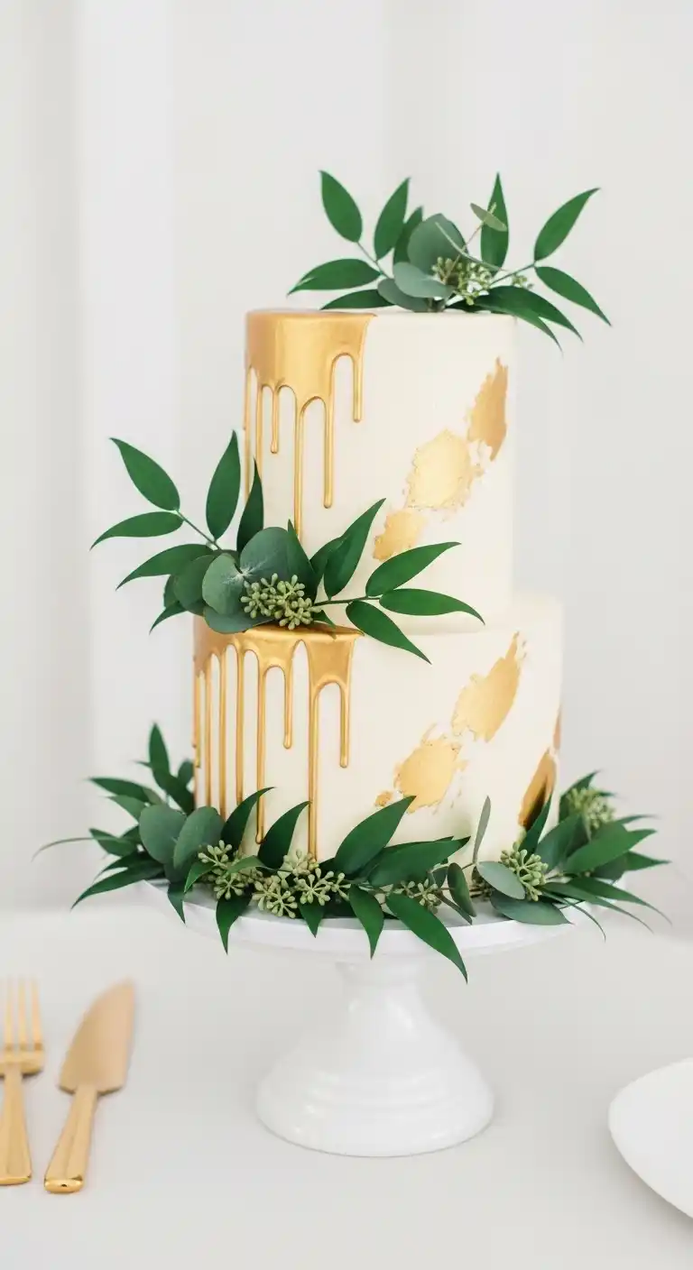 Shimmer & Shine: 19 Gold Wedding Cake Ideas for a Magical Day 19 16. Gold Cake with Fresh Greenery