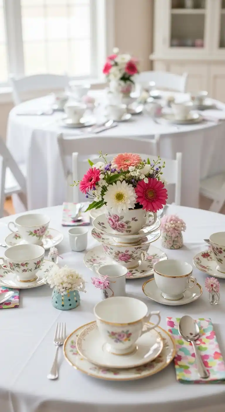 Bridal Shower Tea Party Looks That Delight 20 16. Mix-and-Match Teacup Decor for a Unique Look