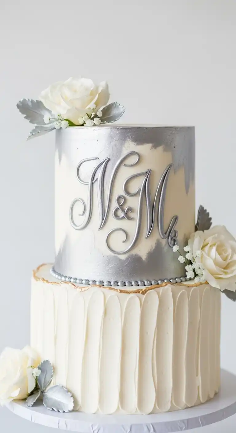 19 Elegant Silver Wedding Cake Ideas to Wow Your Guests 19 16. Silver Monogram Cake