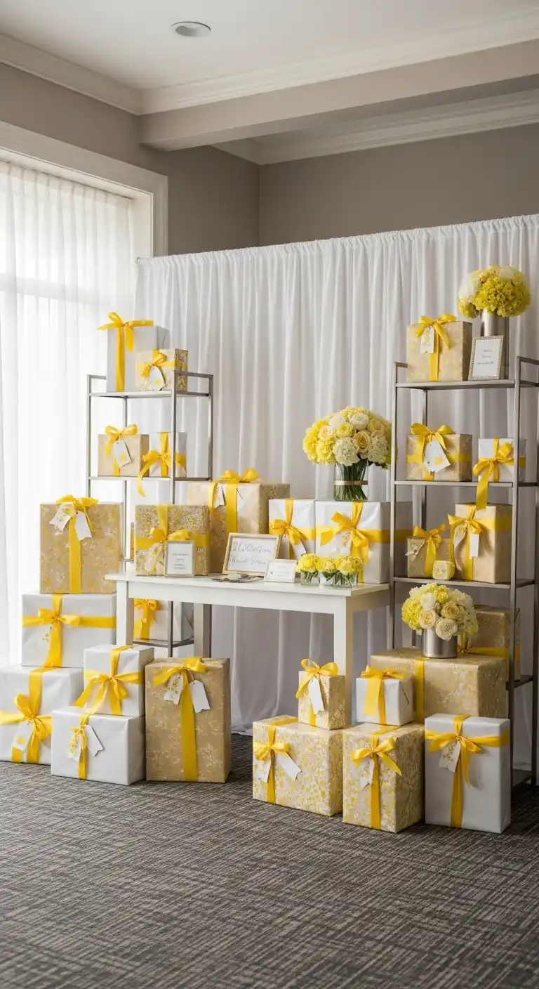 17 Yellow Bridal Shower Ideas for a Radiant Party 20 16. Yellow Bridal Shower Gift Display Setup