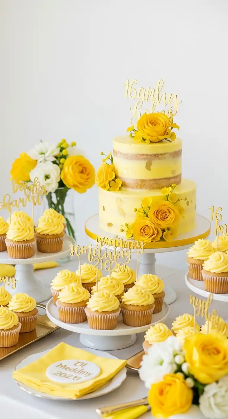 17 Stylish Yellow Bridal Shower Inspiration 20 16. Yellow Cake with Floral Accents