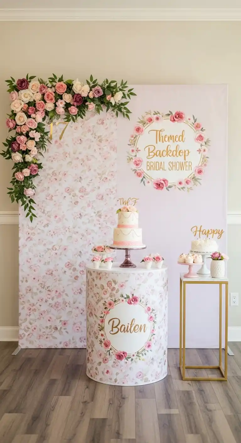 Bridal Shower Accessories Ideas for Every Theme 21 17. Themed Backdrop for Photos and Cake Display