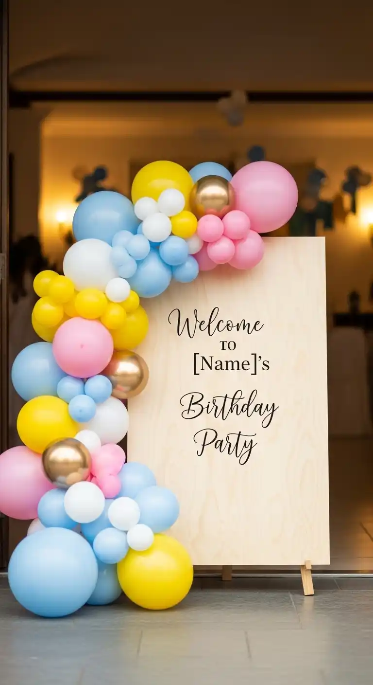 20 Stylish Birthday Party Welcome Boards 22 18. Balloon Garland Birthday Party Welcome Board